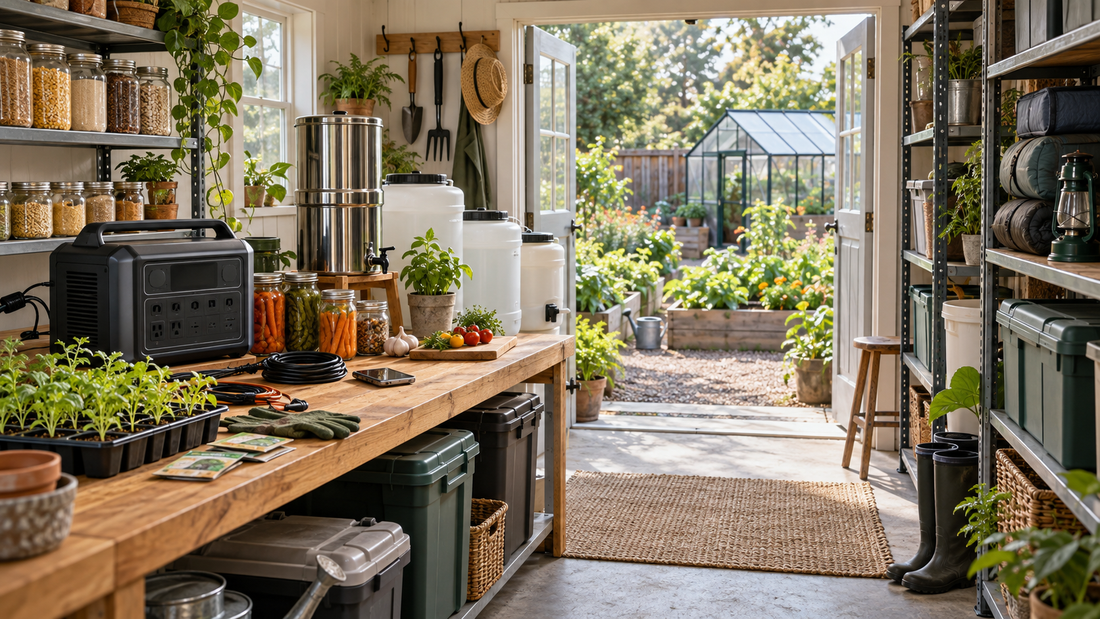 Organized home preparedness workspace with backup power, water storage, preserved food, seedlings, storage bins, and a greenhouse