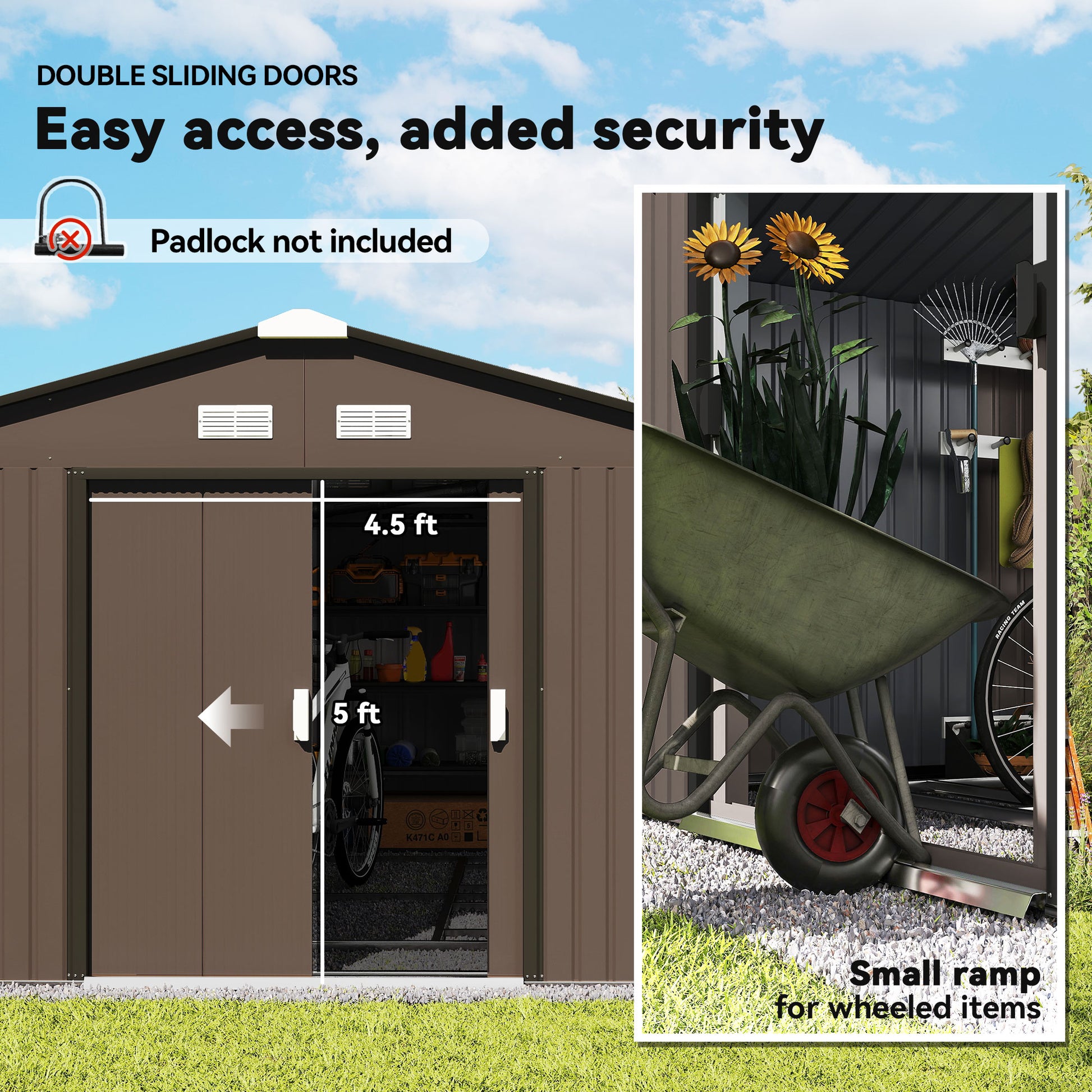 11.20 ft x 12.70 ft Metal Shed with Foundation Kit, Brown
