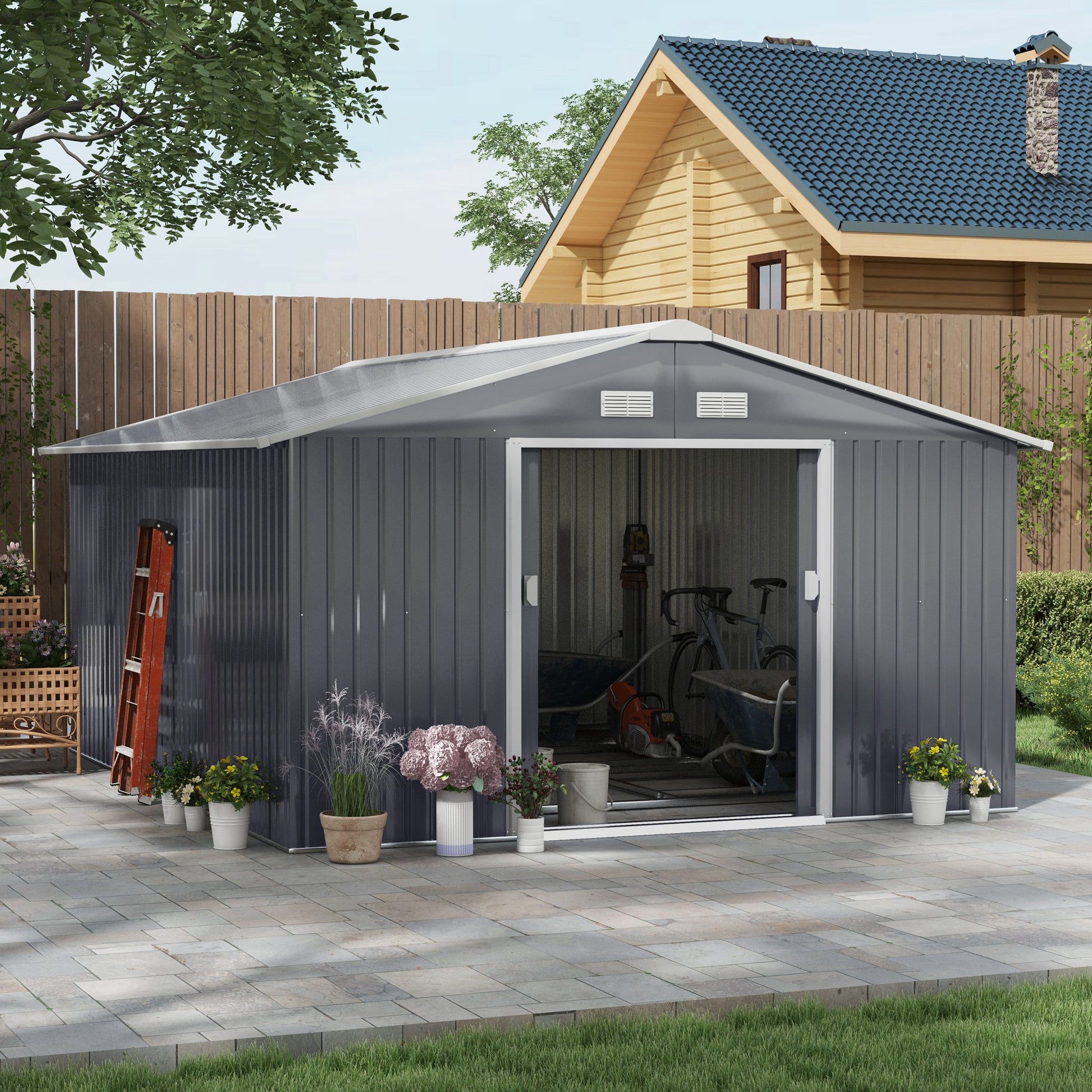 11 ft x 13 ft Metal Storage Shed with Foundation Kit, Dark Gray