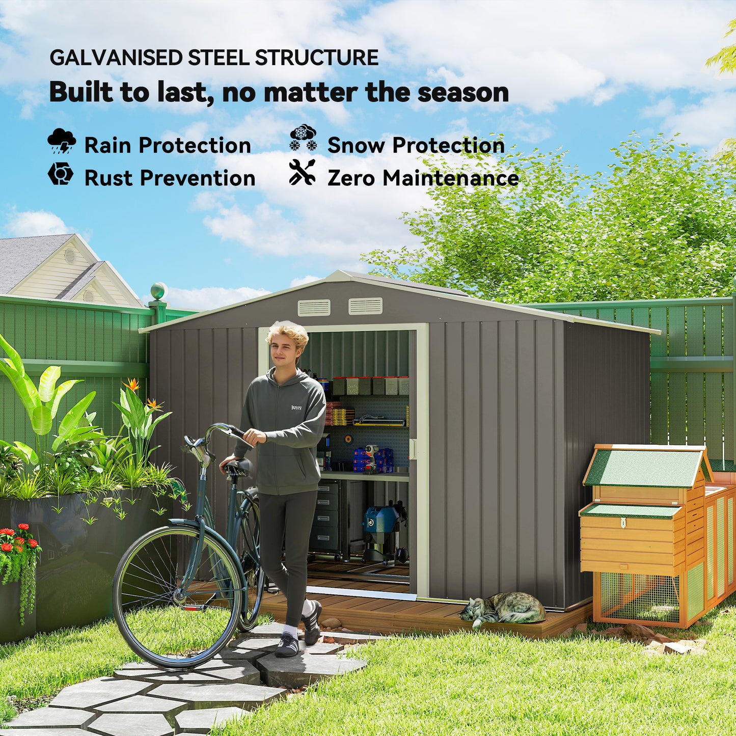 9.10 ft x 6.40 ft Metal Storage Shed with Foundation Kit, Gray