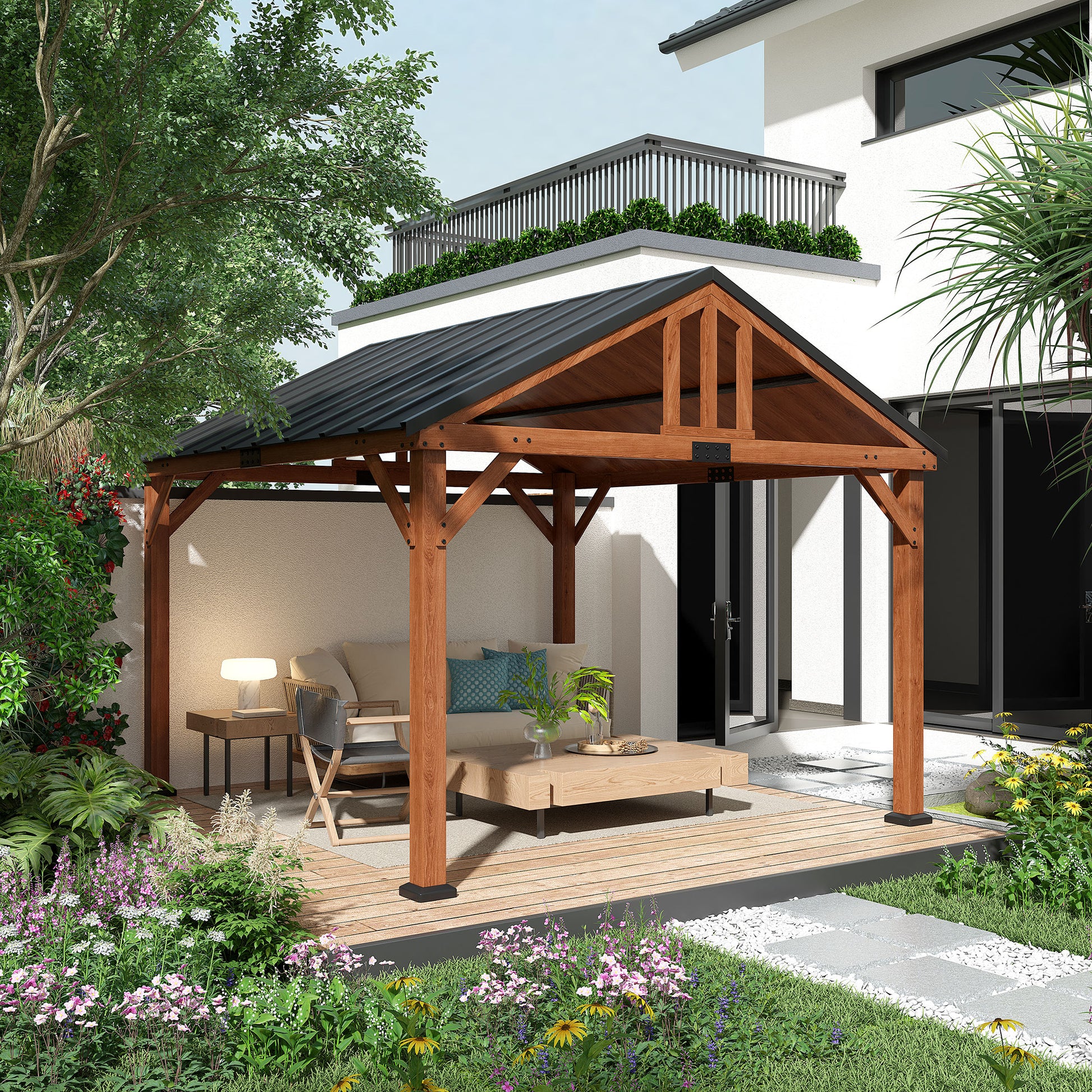 11 ft x 12 ft Wood Gazebo, Brown