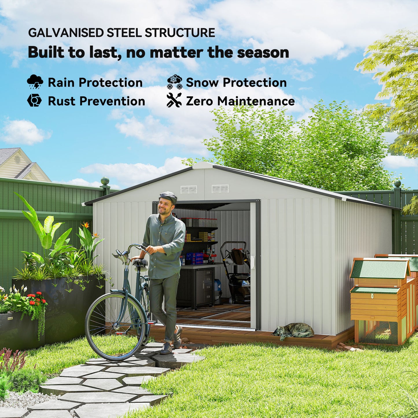 11.20 ft x 12.70 ft Metal Storage Shed with Foundation Kit, White