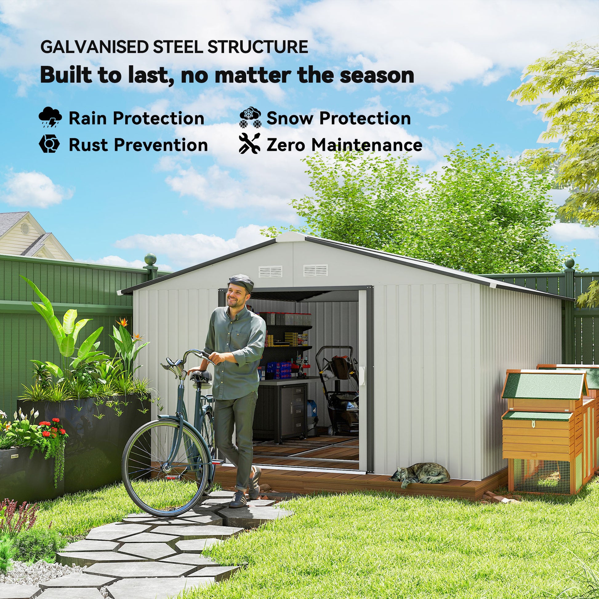 11.20 ft x 12.70 ft Metal Storage Shed with Foundation Kit, White