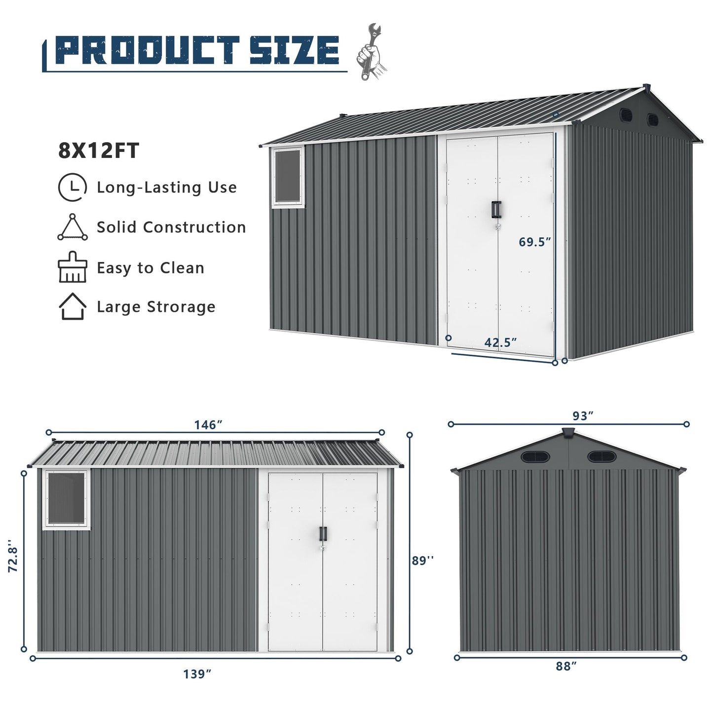 8'x12' Metal Storage Shed with Floor, Window & Swing Doors