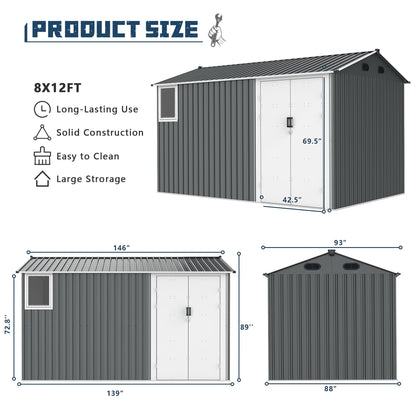 8'x12' Metal Storage Shed with Floor, Window & Swing Doors