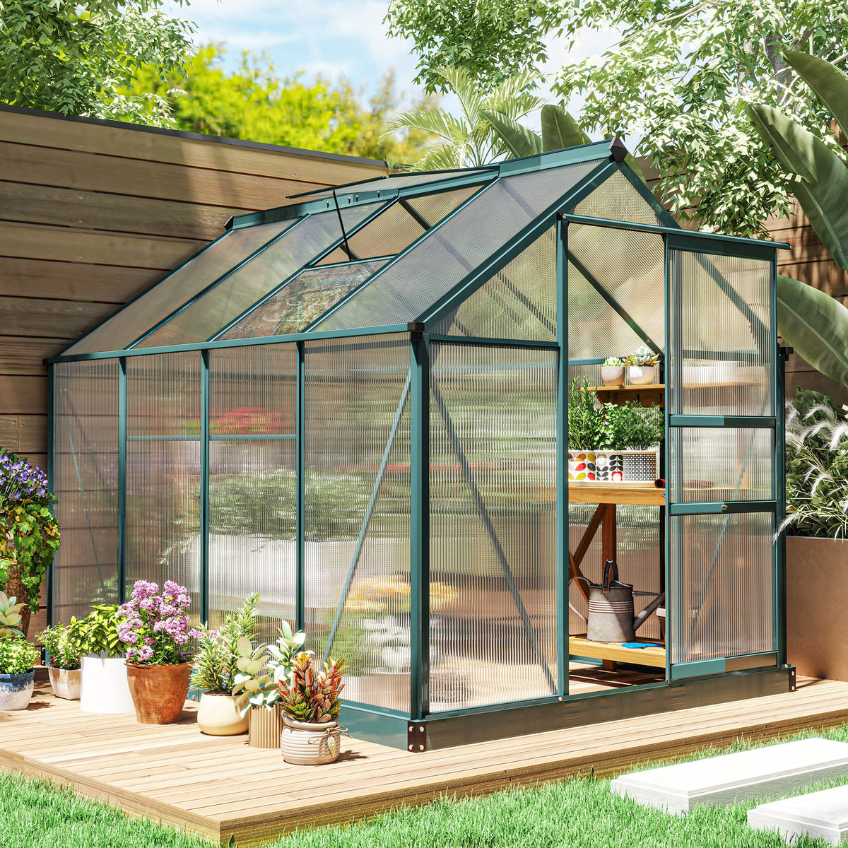 6 ft x 8 ft Polycarbonate Greenhouse with Roof Vent, Dark Green