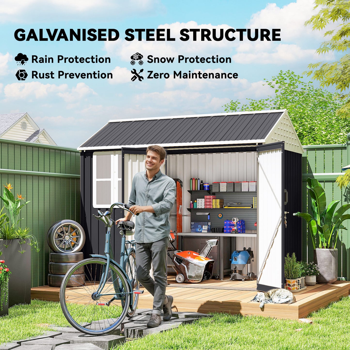 8 ft x 6 ft Metal Storage Shed with Floor, Dark Gray