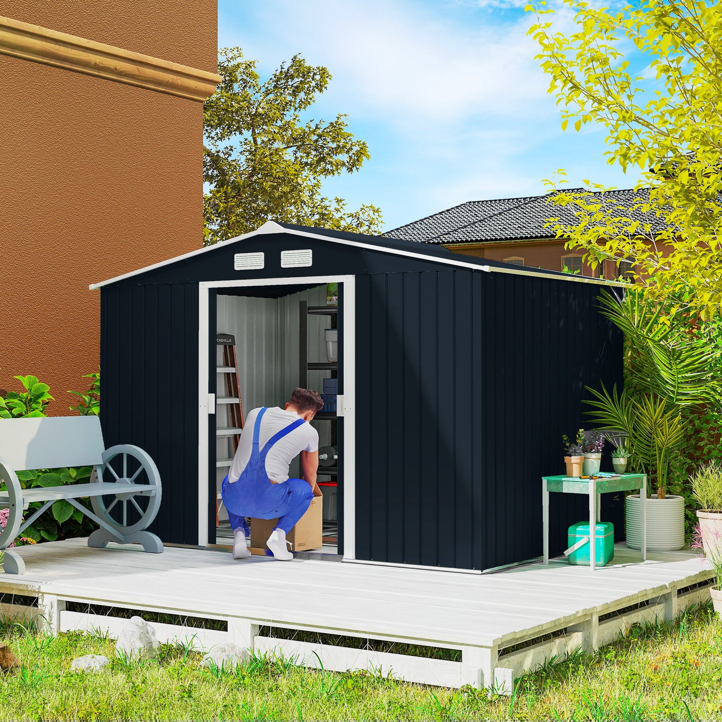 9 ft x 6 ft Metal Storage Shed with Foundation Kit, Dark Gray