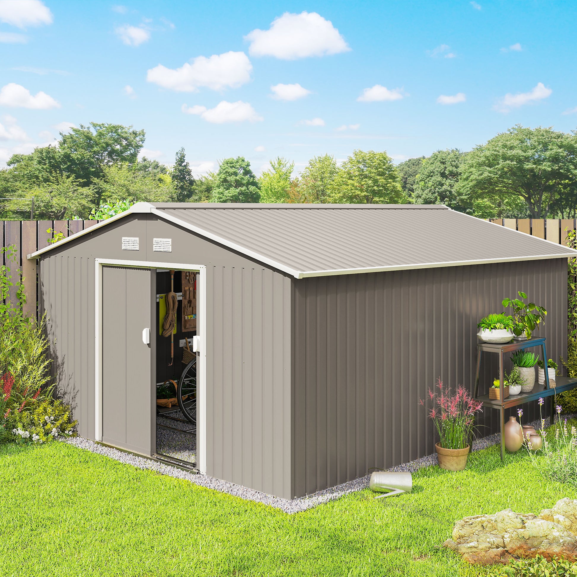 11.20 ft x 12.70 ft Metal Storage Shed with Foundation Kit, Light Gray