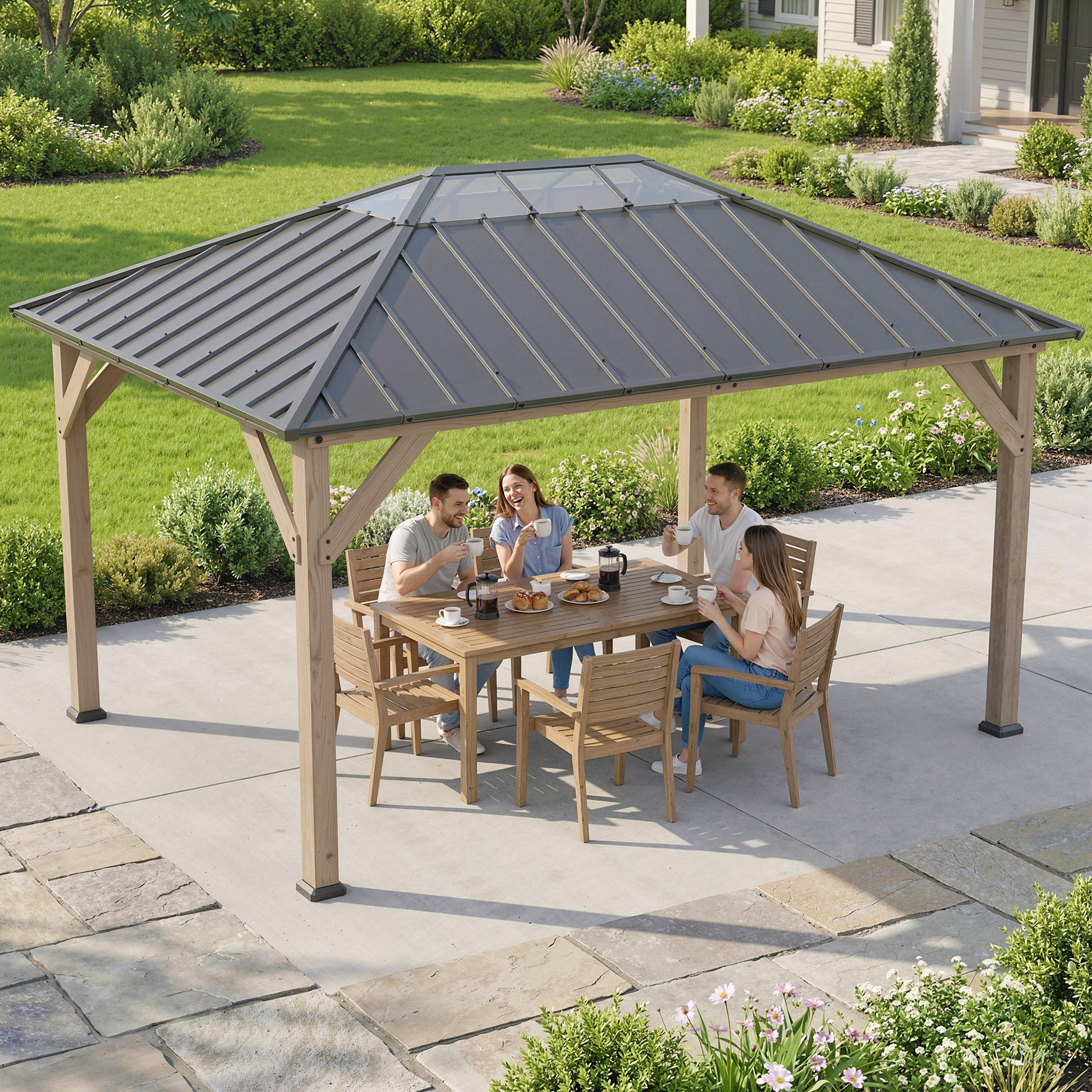 12 ft x 16 ft Aluminum Gazebo, Light Walnut