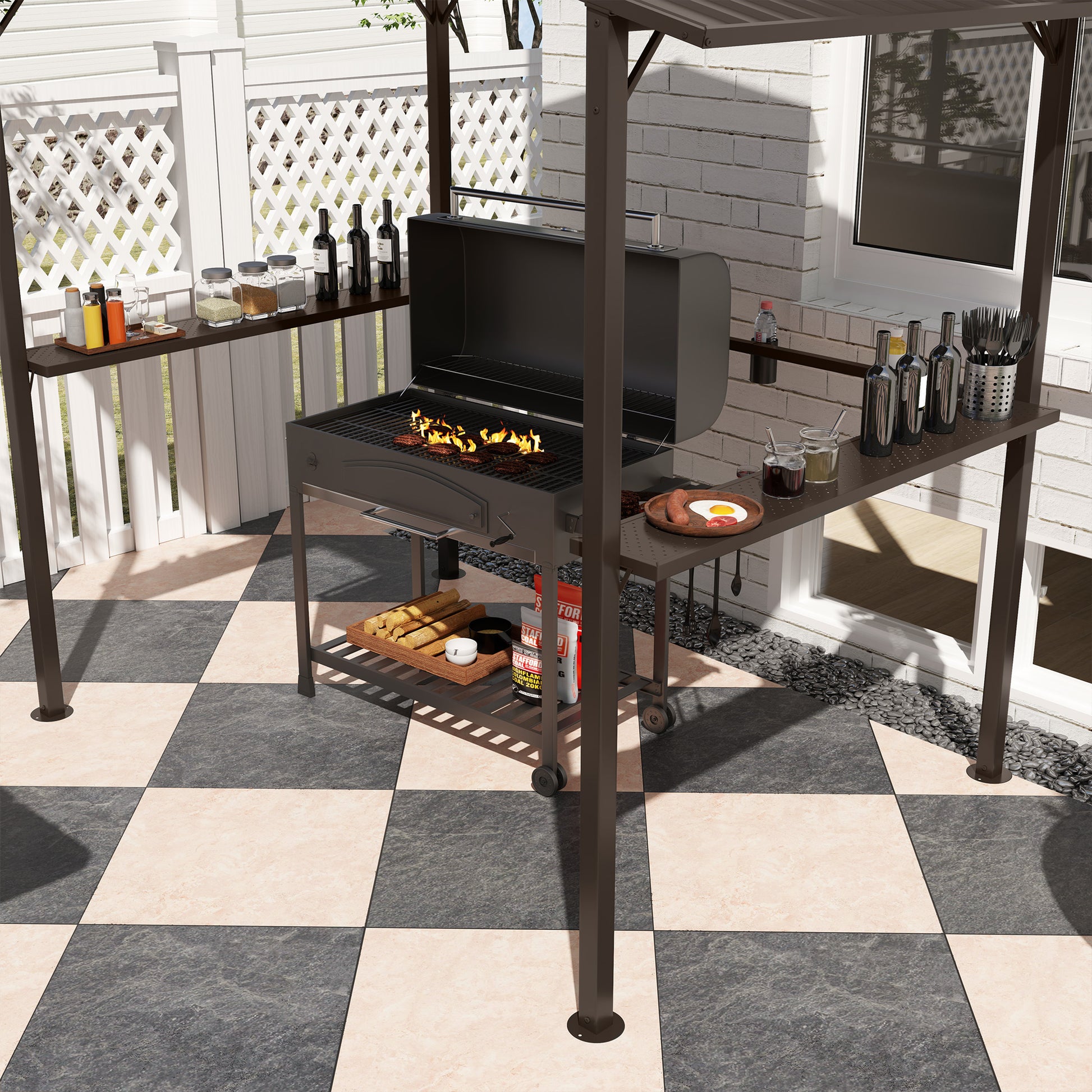 5 ft Metal Gazebo with Shelves, Brown