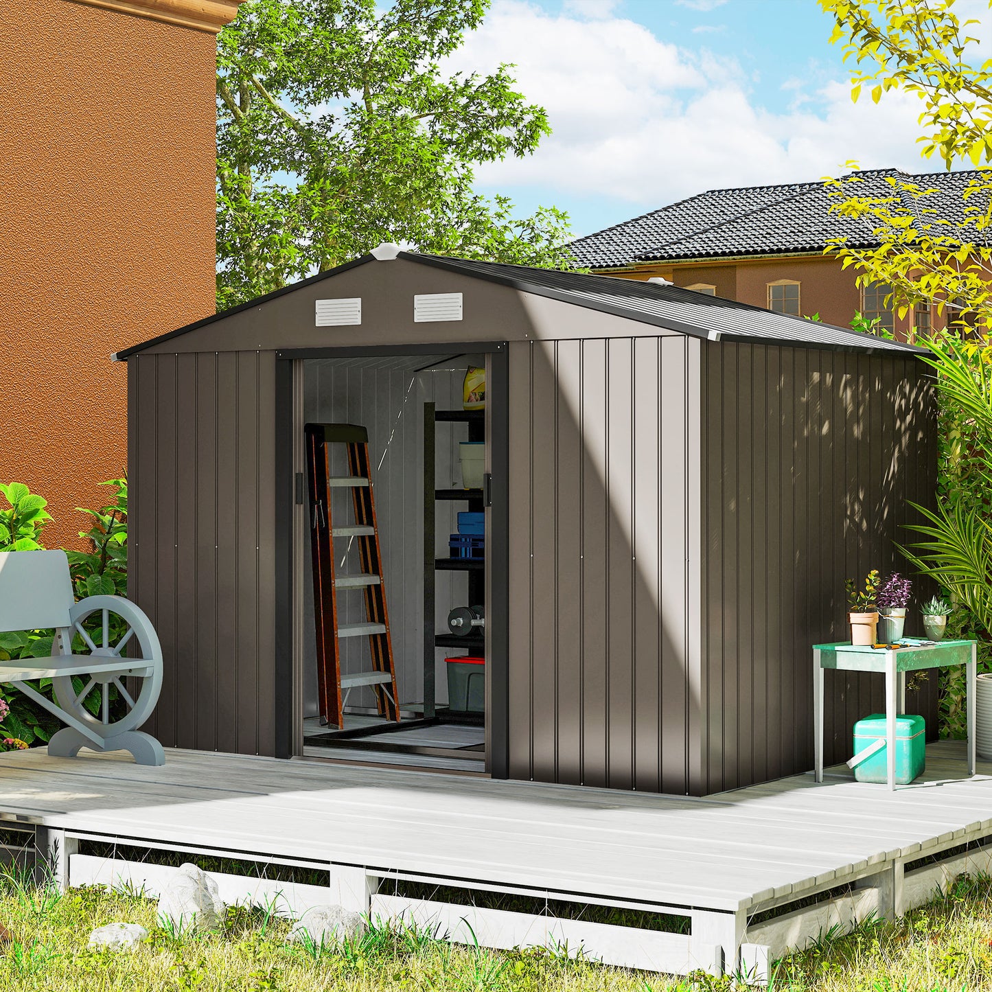 6 ft Metal Storage Shed with Foundation Kit, Brown