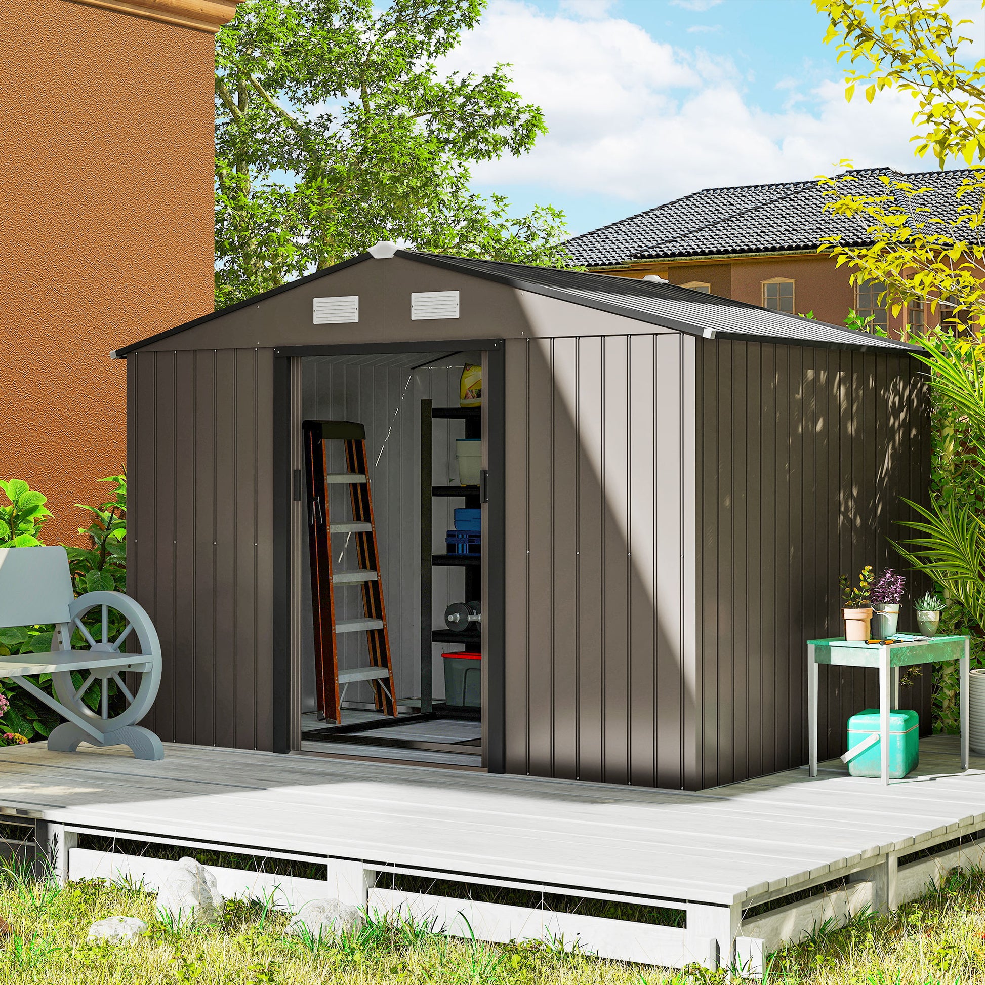 6 ft Metal Storage Shed with Foundation Kit, Brown