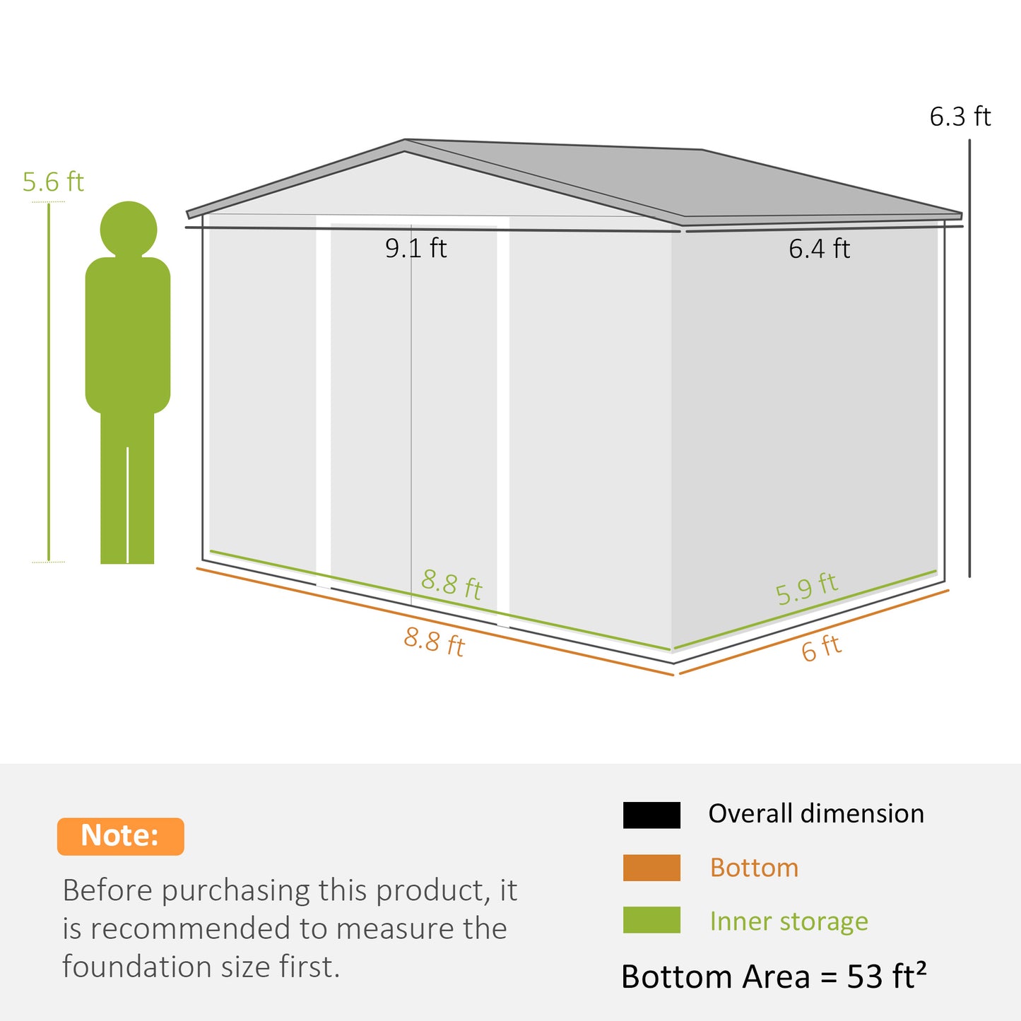 9.10 ft x 6.40 ft Metal Storage Shed with Foundation Kit, Gray