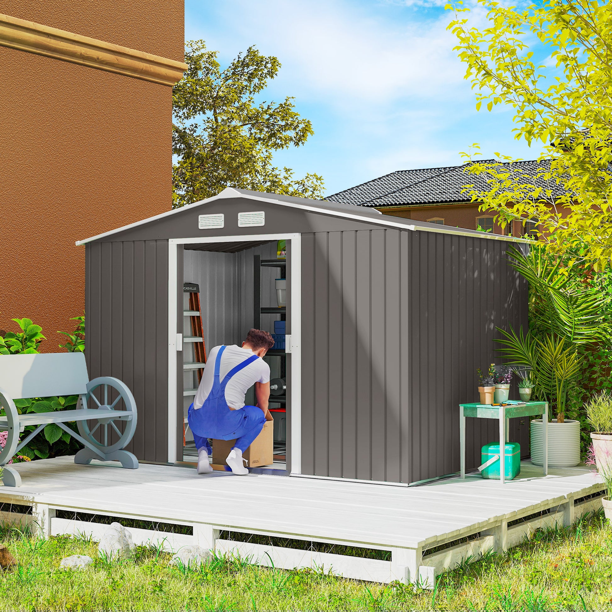 9.10 ft x 6.40 ft Metal Storage Shed with Foundation Kit, Gray