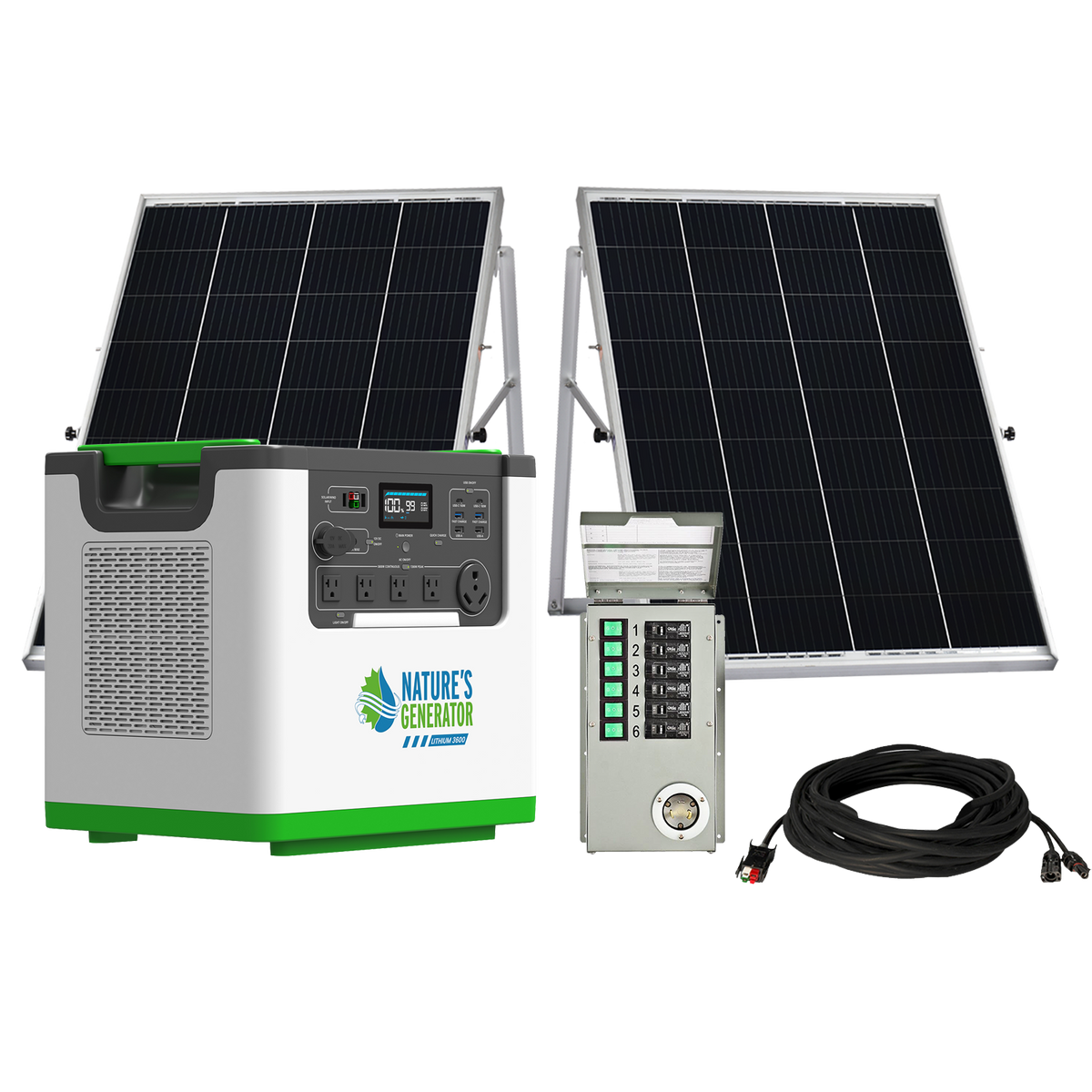 Nature’s Generator L3600 home power backup with solar panels and transfer switch