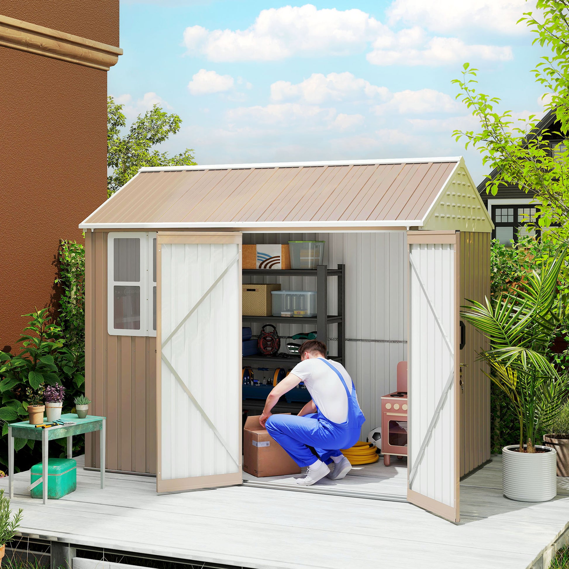 8 ft x 6 ft Metal Storage Shed with Floor, Brown
