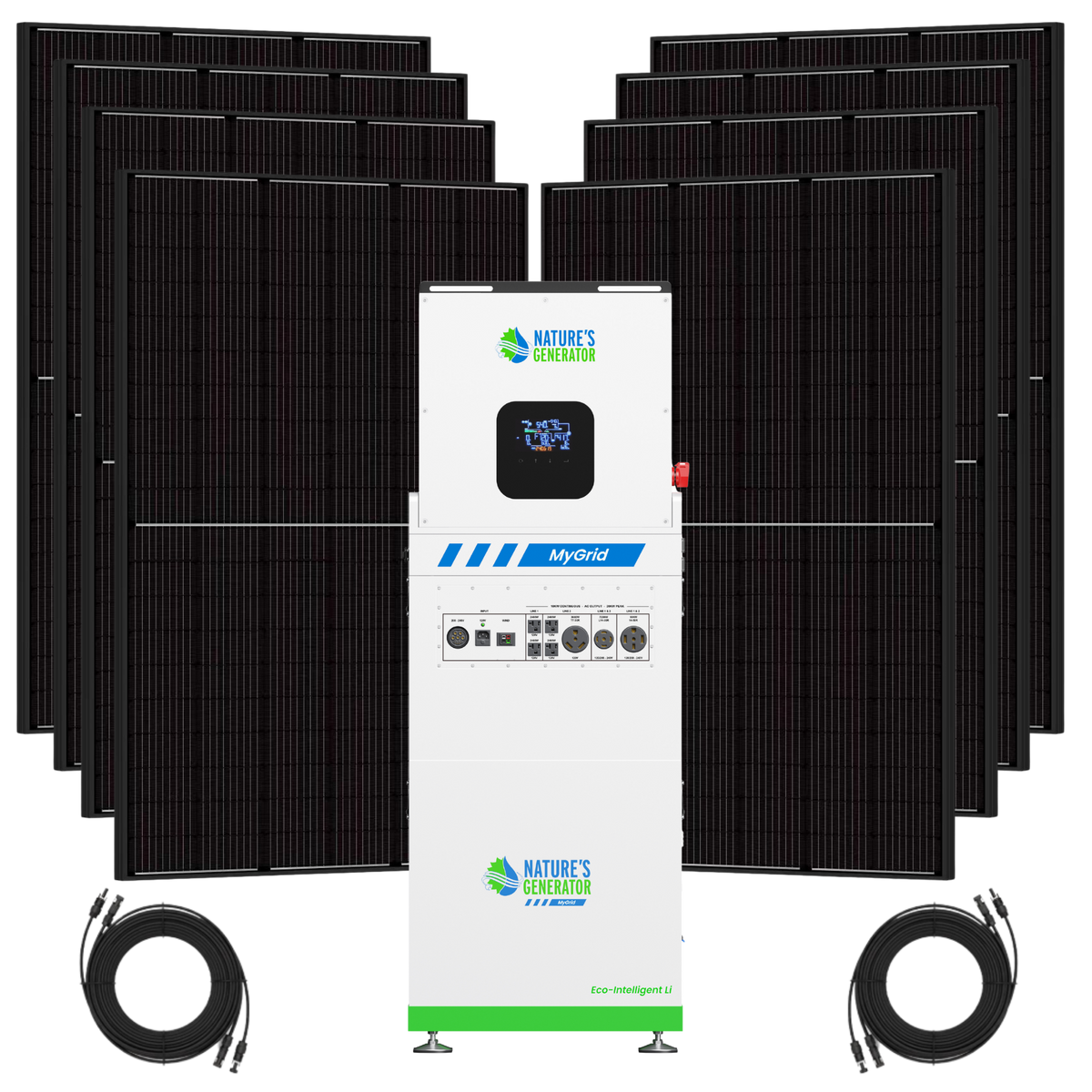 Nature’s Generator MyGrid 10K Gen 2 solar generator with eight rigid solar panels