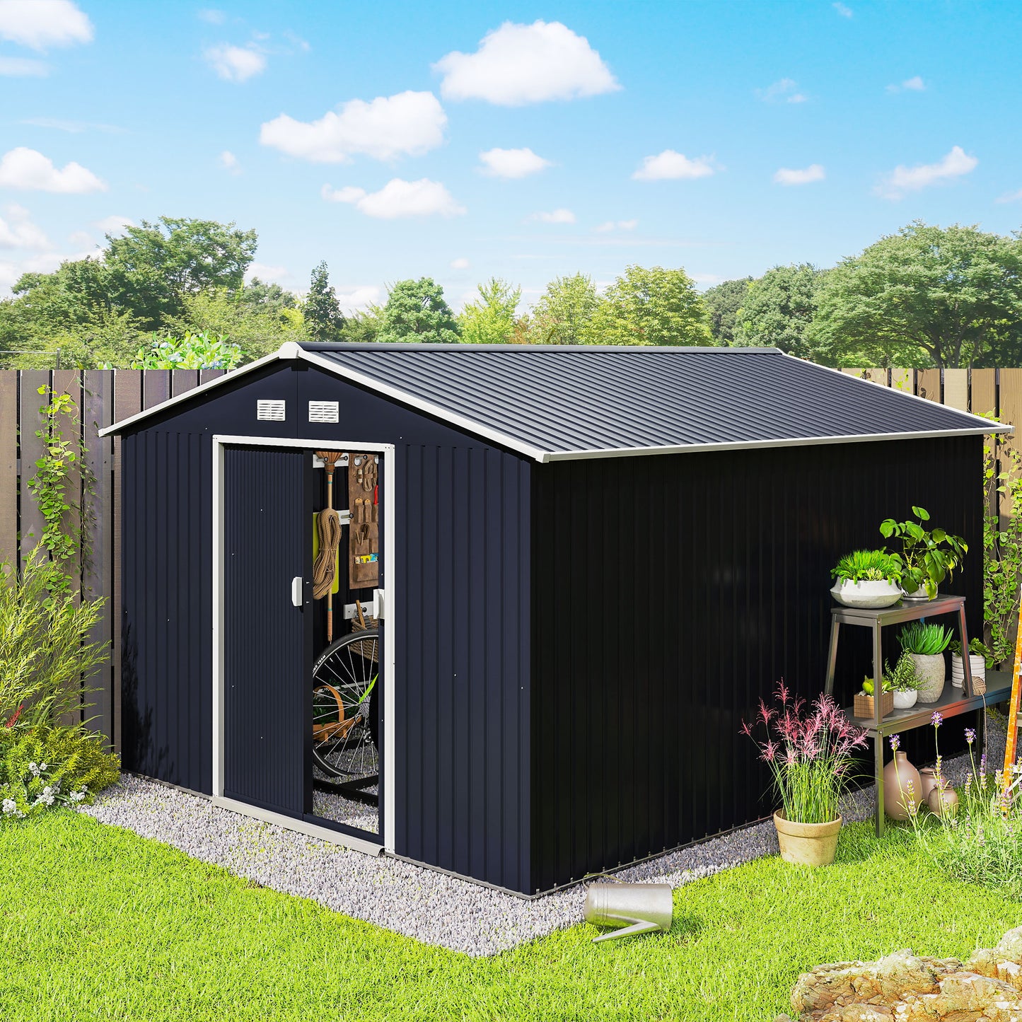 11 ft x 9 ft Metal Storage Shed with Foundation Kit, Dark Gray