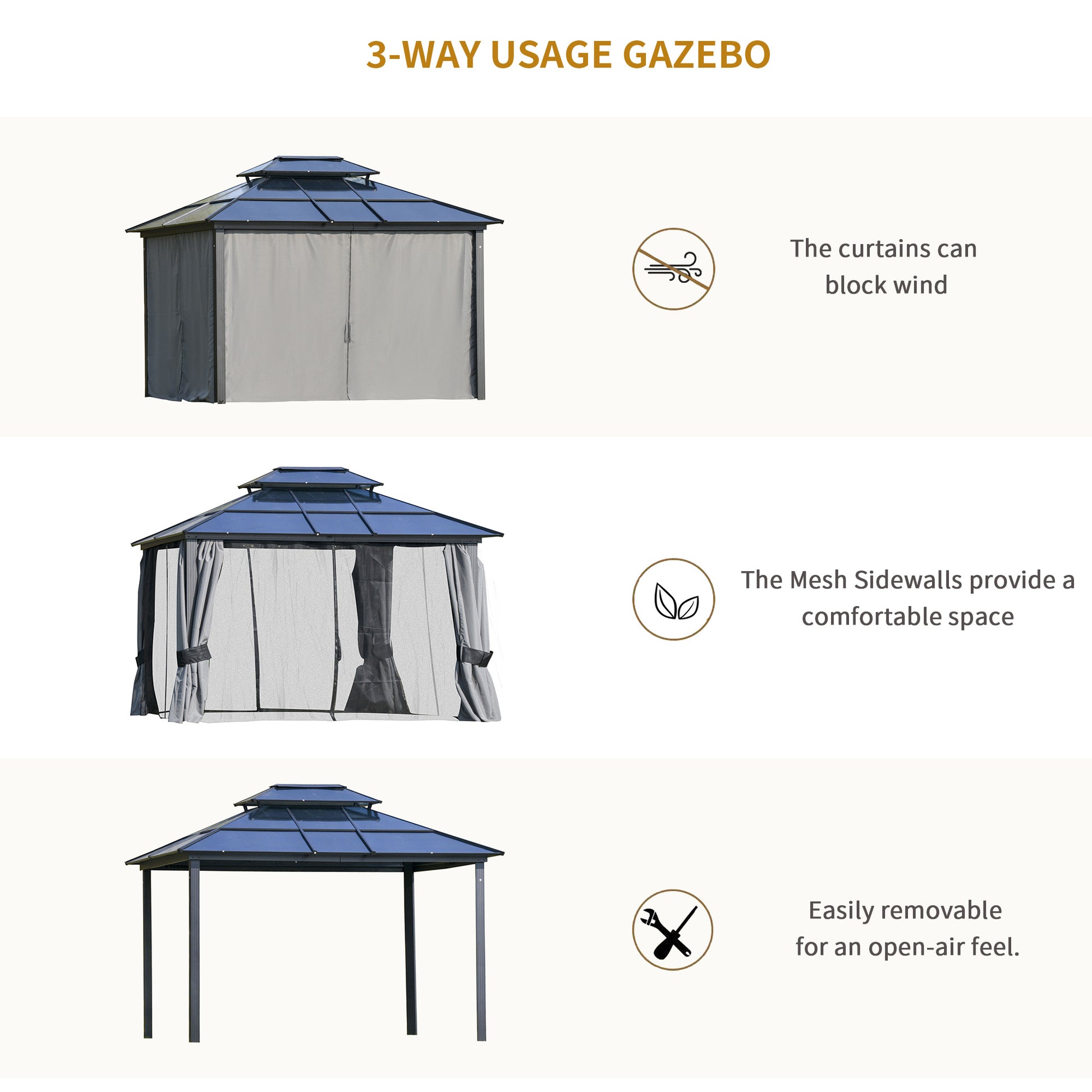 10 ft x 12 ft Aluminum Gazebo with Adjustable Height, Light Gray