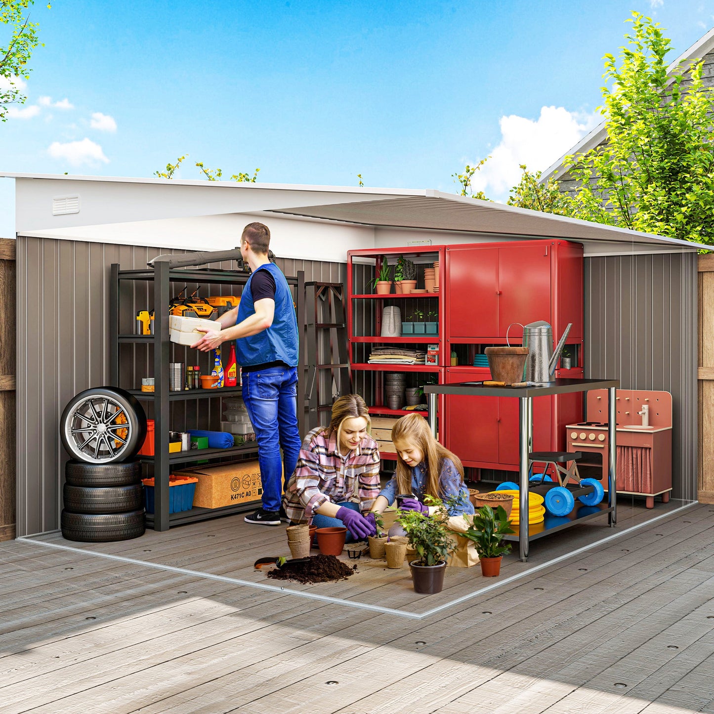 11 ft x 9 ft Metal Storage Shed with Foundation Kit, Gray