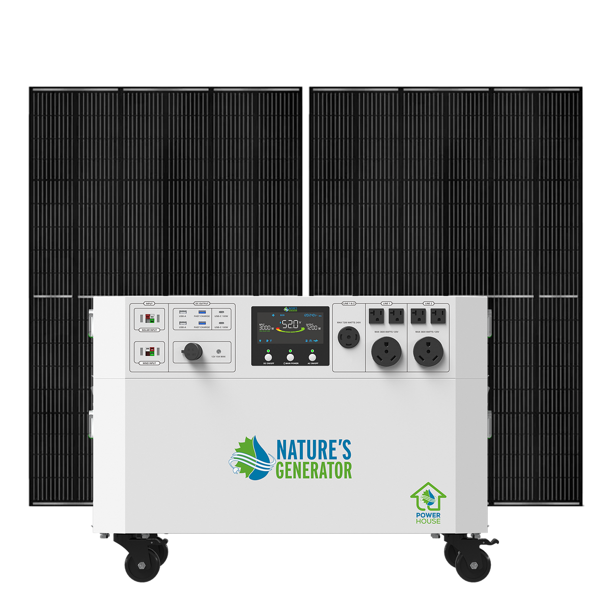 Nature’s Generator Powerhouse Gen 2 solar generator with two rigid solar panels
