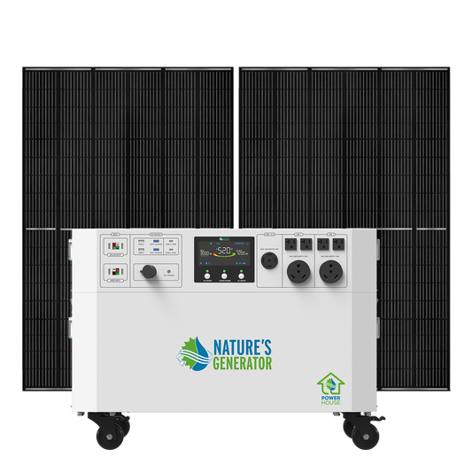Nature’s Generator Powerhouse Gen 2 solar generator with two rigid solar panels