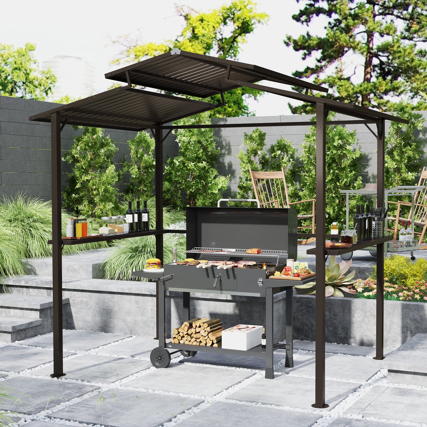 5 ft Metal Gazebo with Shelves, Brown