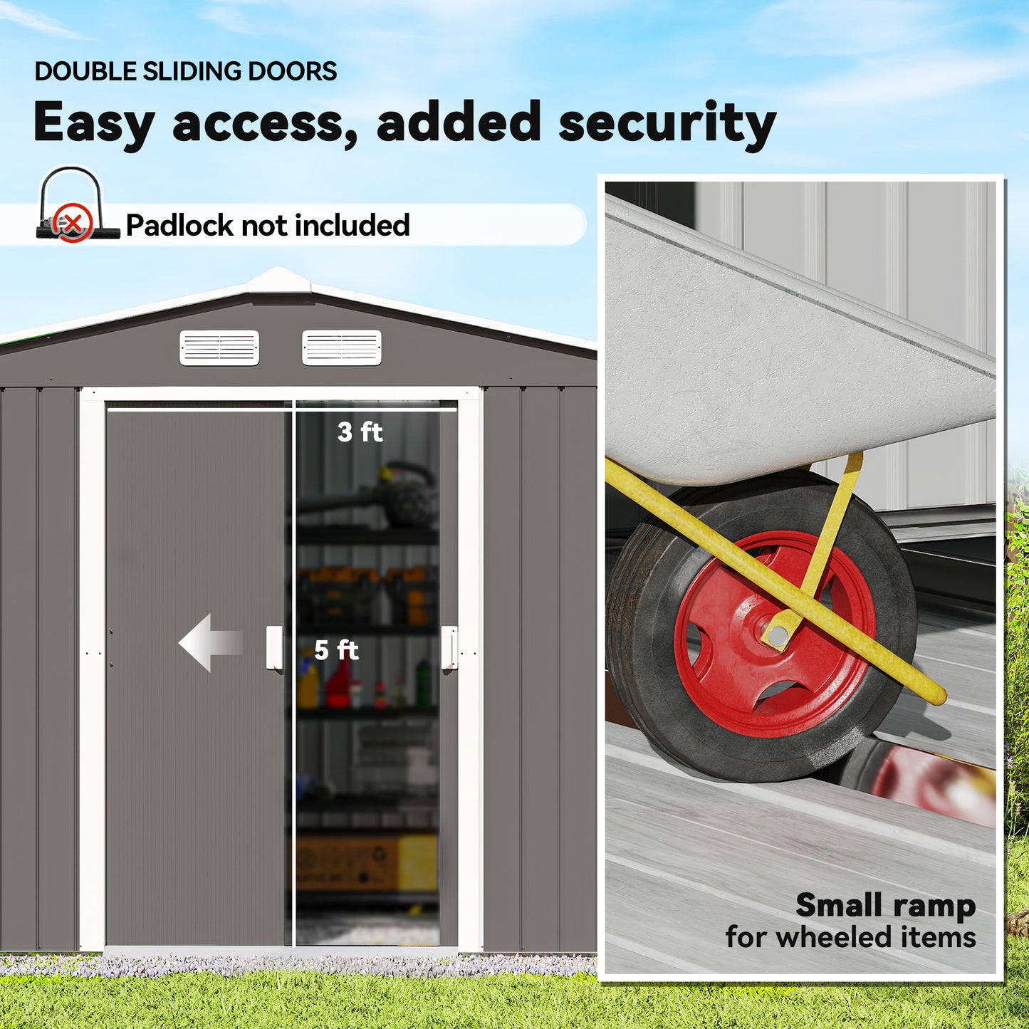 9.10 ft x 6.40 ft Metal Storage Shed with Foundation Kit, Gray