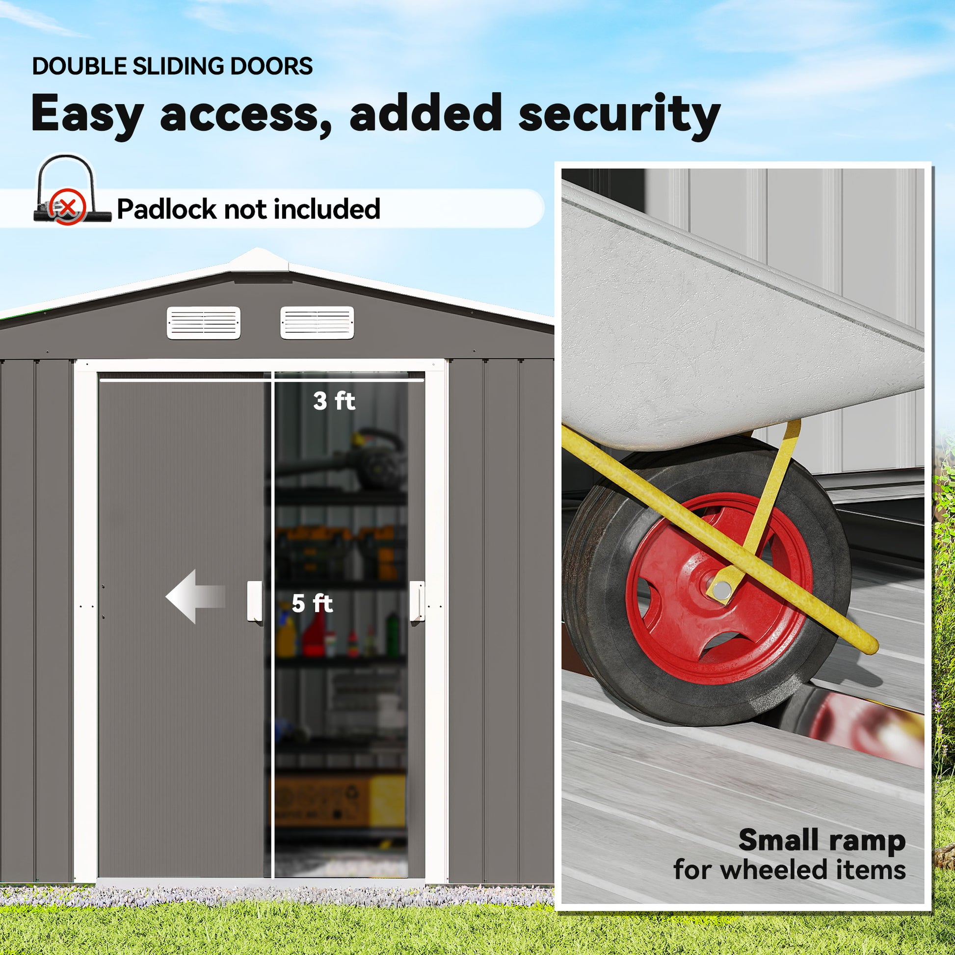 9.10 ft x 6.40 ft Metal Storage Shed with Foundation Kit, Gray
