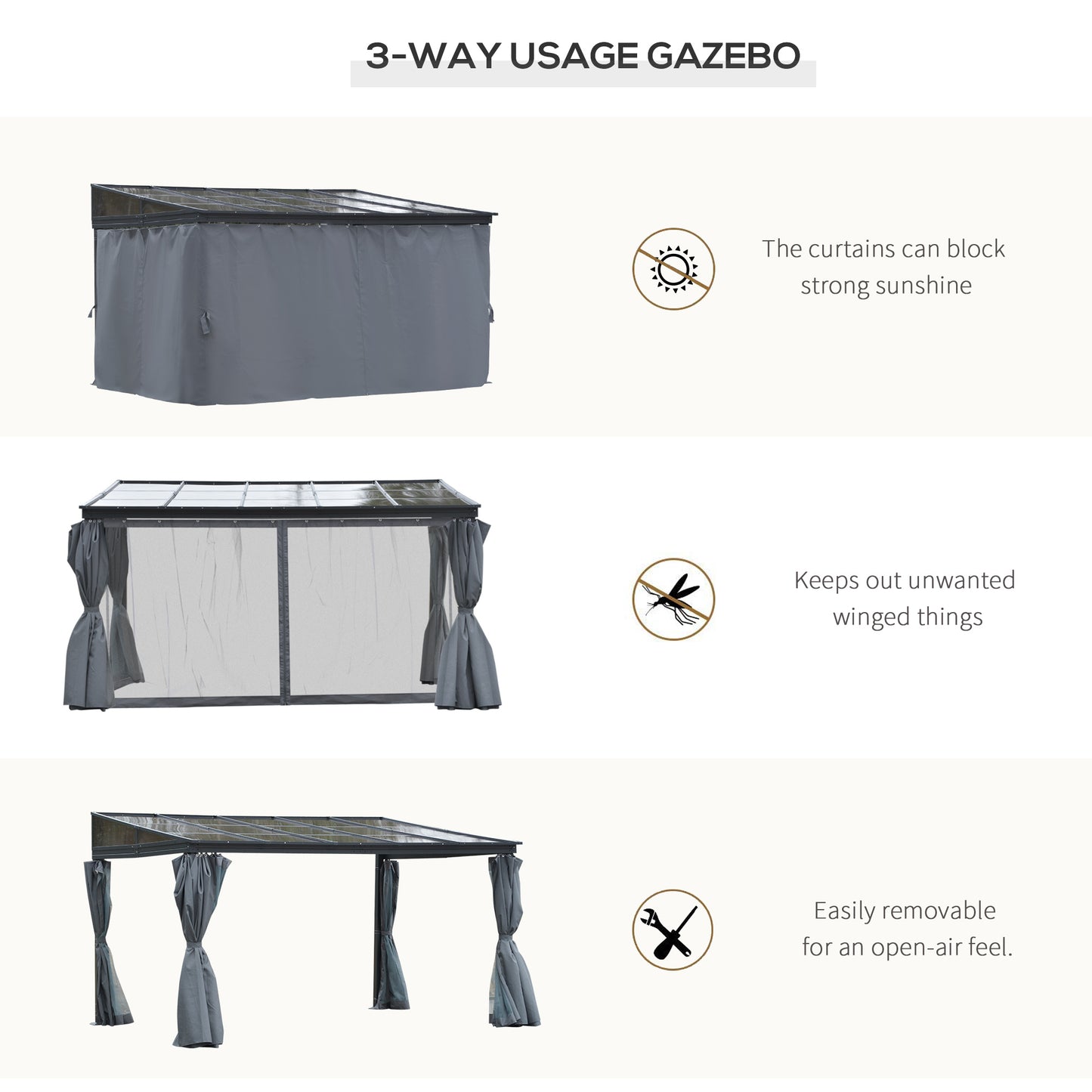 10 ft x 13 ft Aluminum Gazebo with Adjustable Height, Gray
