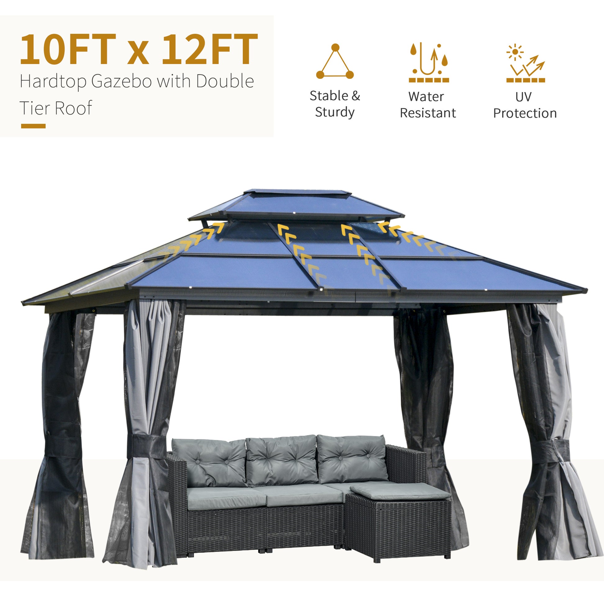 10 ft x 12 ft Aluminum Gazebo with Adjustable Height, Light Gray