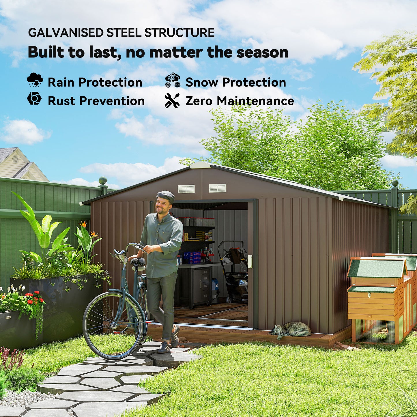 11.20 ft x 12.70 ft Metal Shed with Foundation Kit, Brown