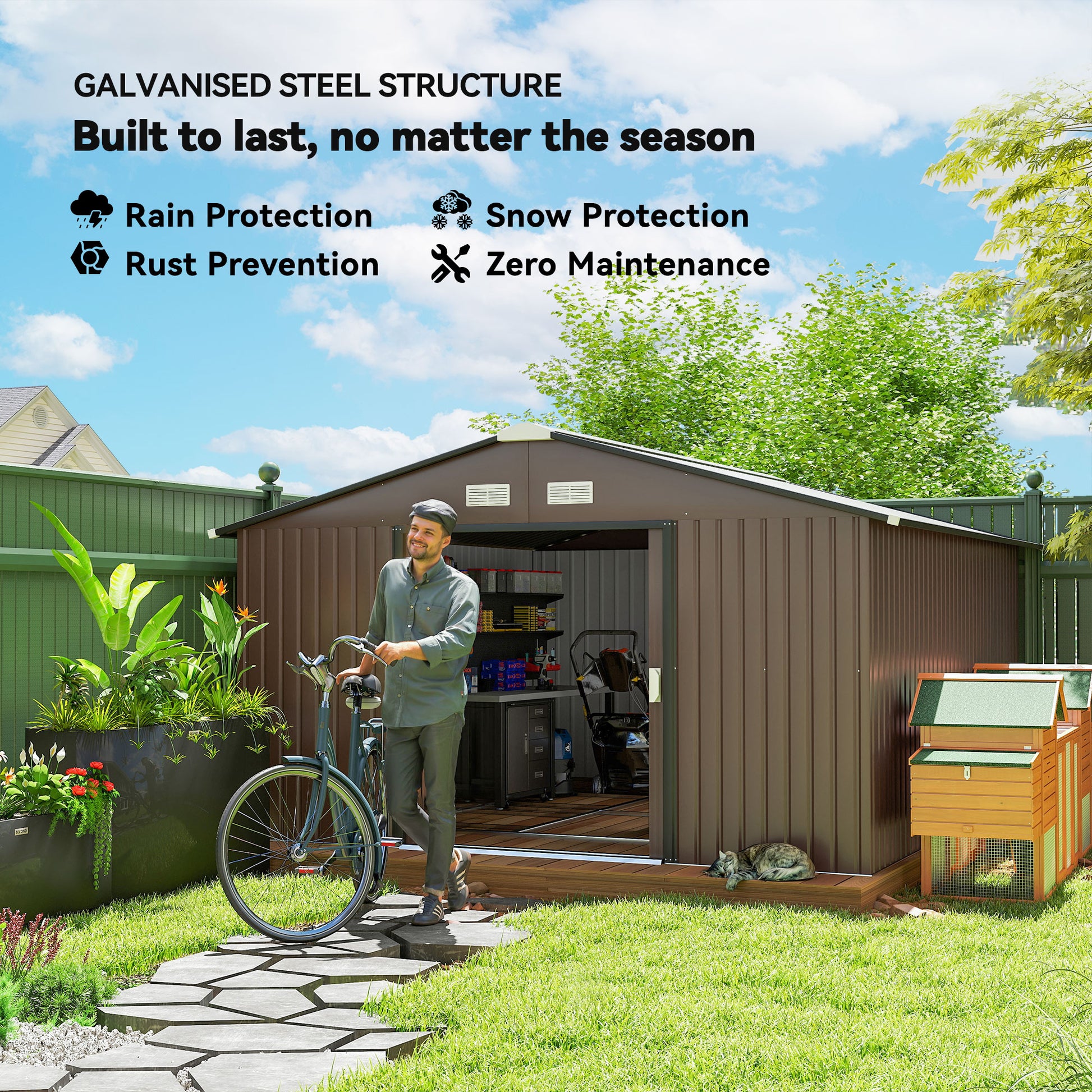11.20 ft x 12.70 ft Metal Shed with Foundation Kit, Brown