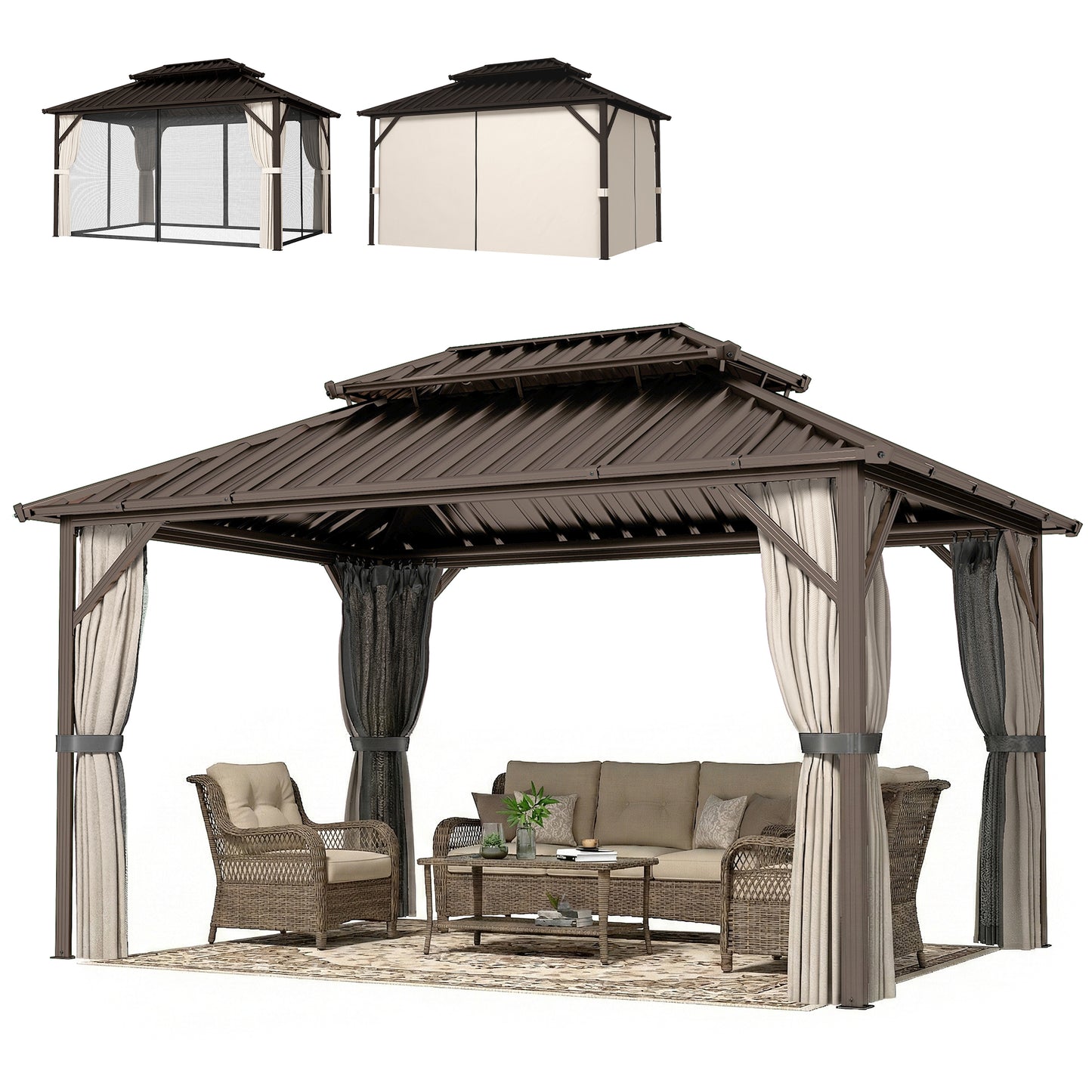 10 ft x 14 ft Aluminum Gazebo with Vents, Brown