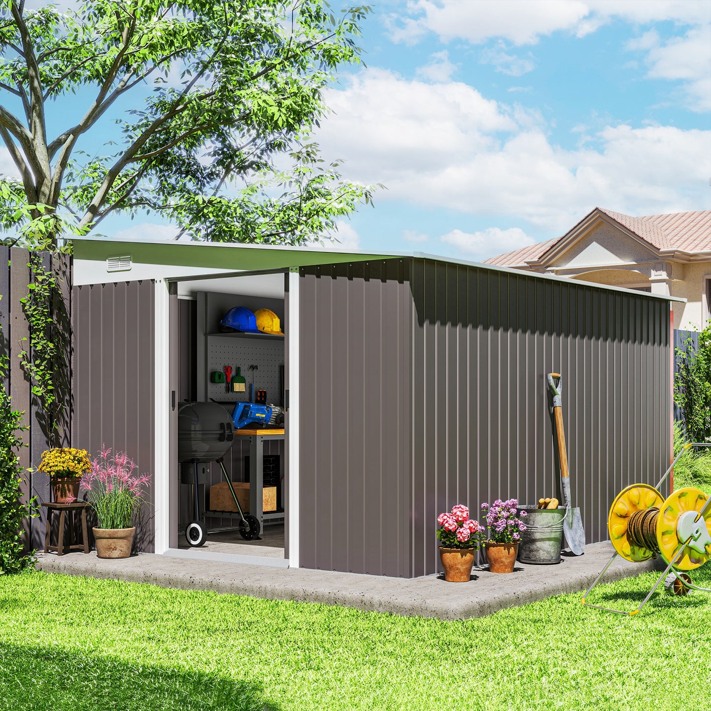 11 ft x 9 ft Metal Storage Shed with Foundation Kit, Gray