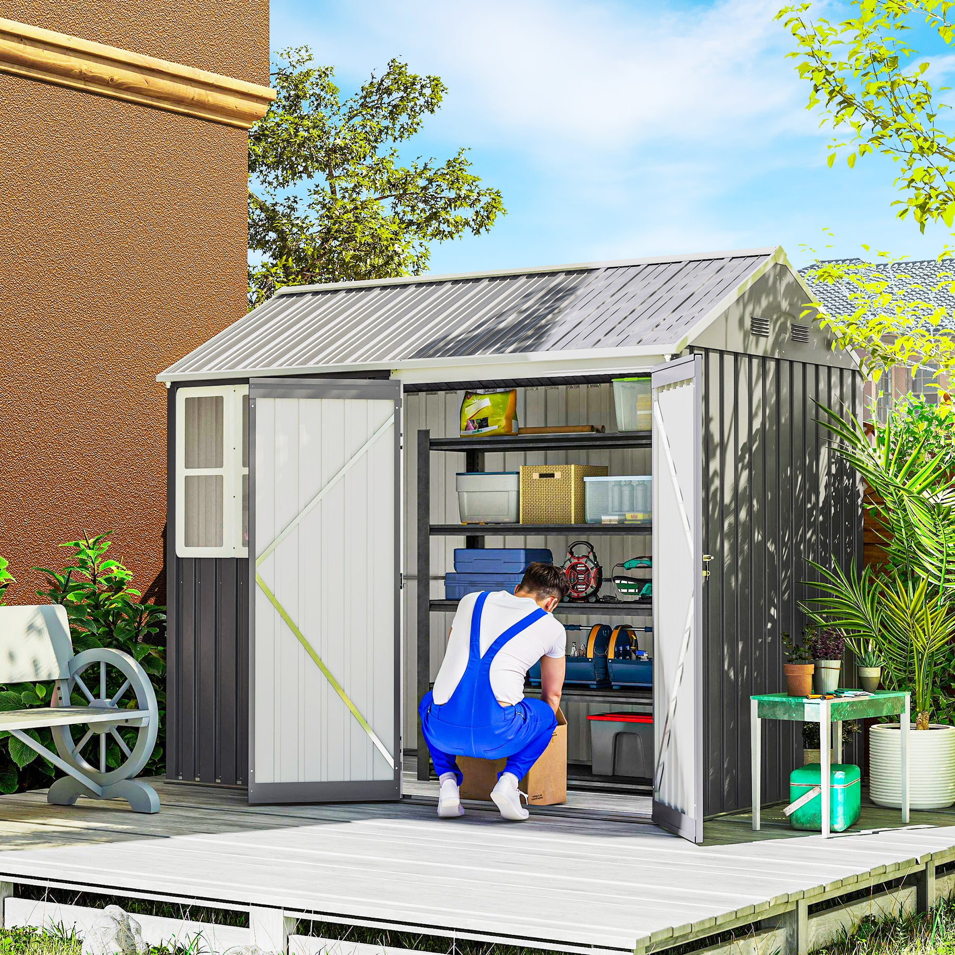 8 ft x 5.5 ft Metal Storage Shed with Floor, Gray