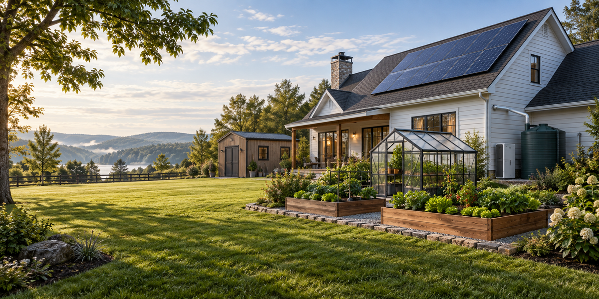 Prepared home with solar panels, water storage, greenhouse, raised garden beds, and outdoor storage shed