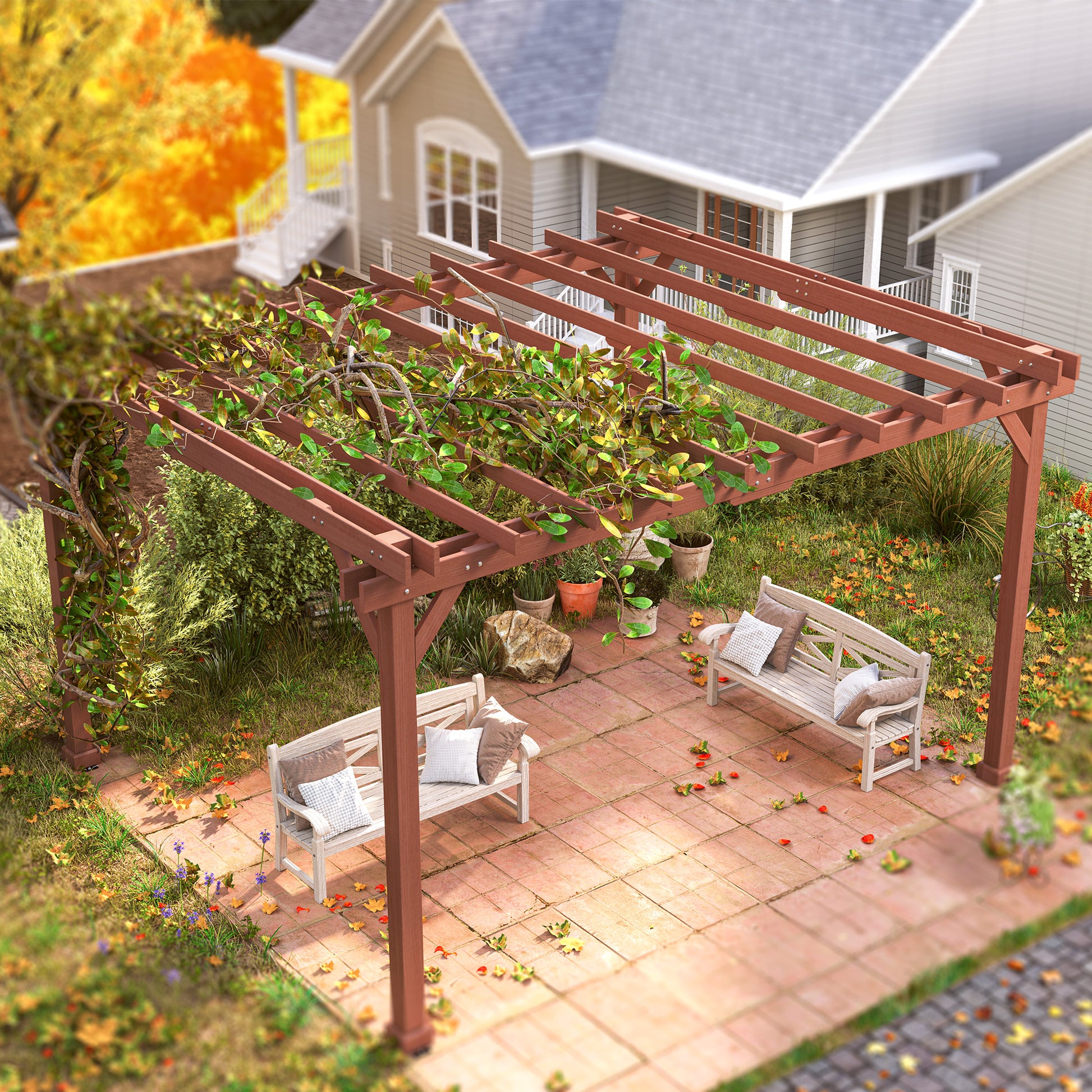11 ft x 12.5 ft Wood Pergola, Brown