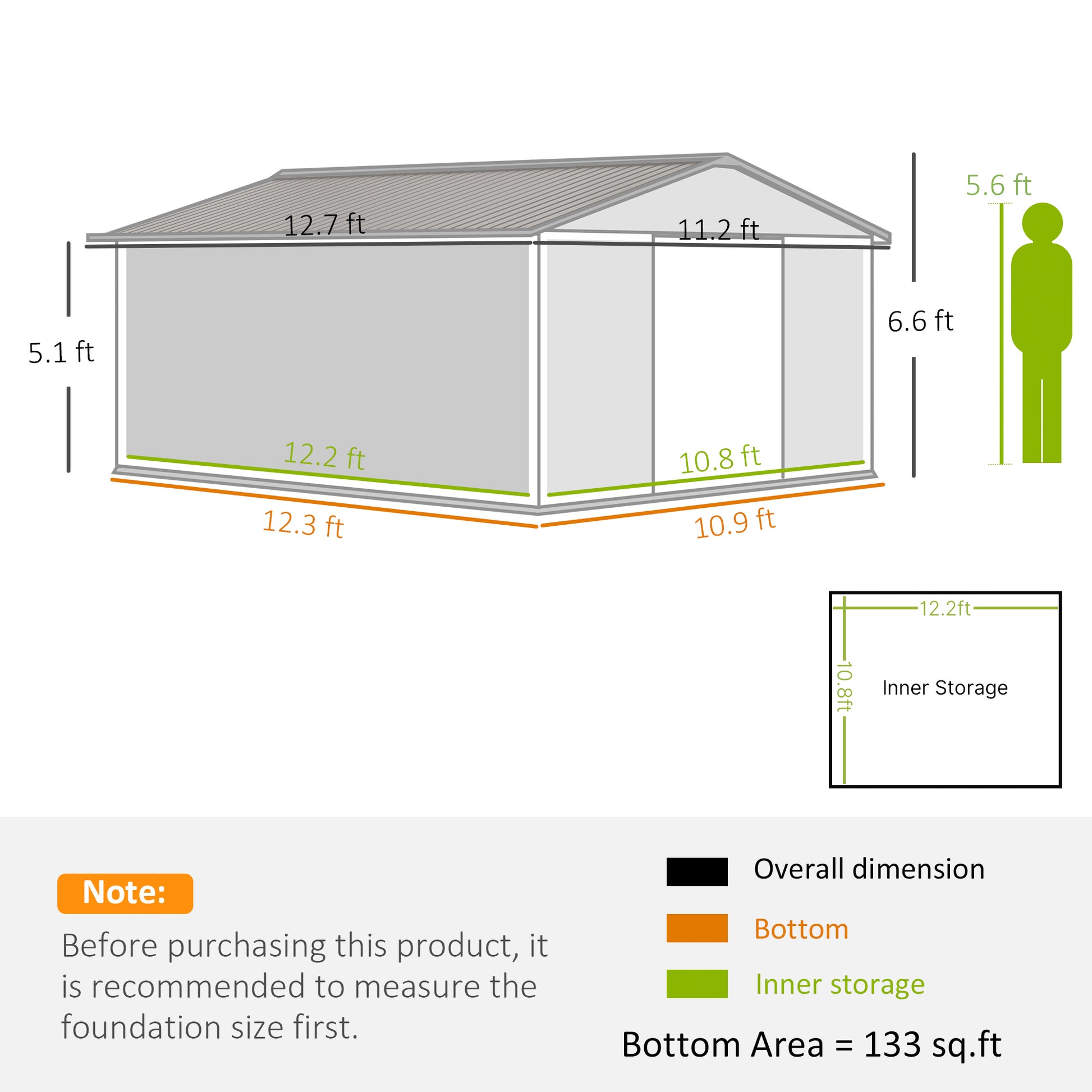 11 ft x 13 ft Metal Storage Shed with Foundation Kit, Dark Gray