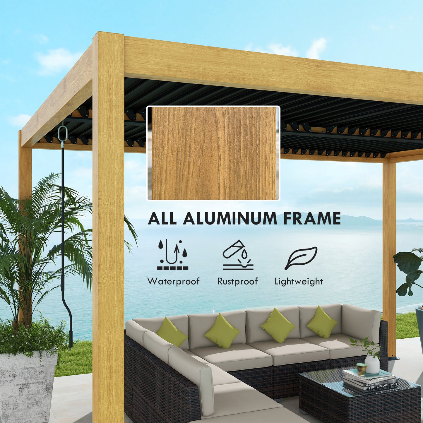 10 ft x 13 ft Aluminum Gazebo with Adjustable Height, Black, Natural