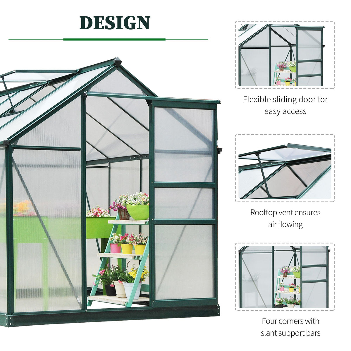 6 ft x 8 ft Polycarbonate Greenhouse with Roof Vent, Dark Green