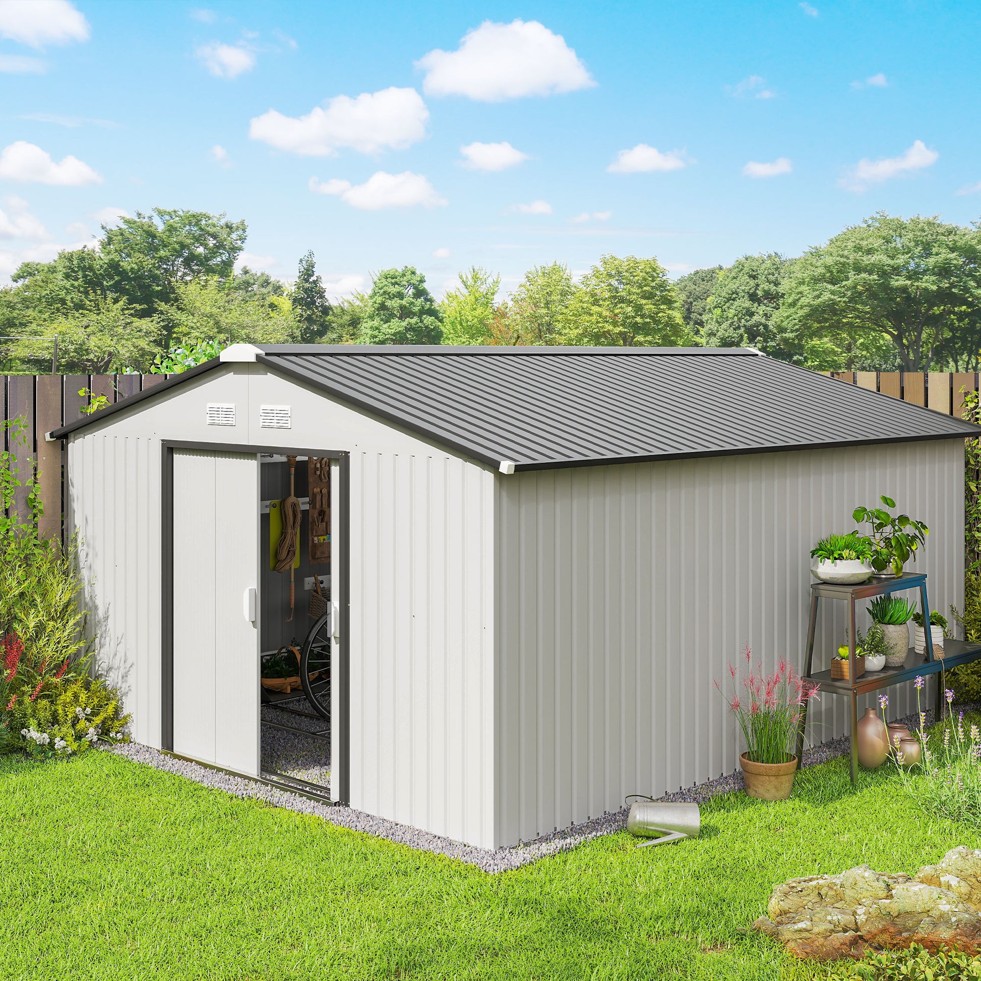 11.20 ft x 12.70 ft Metal Storage Shed with Foundation Kit, White