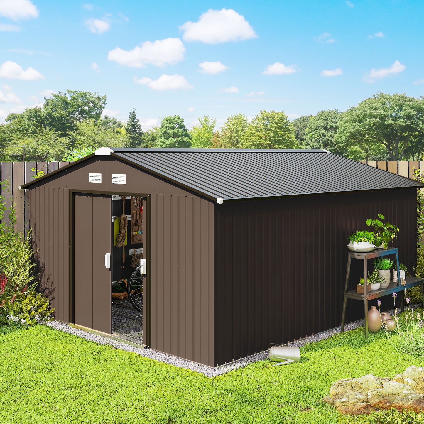 11.20 ft x 12.70 ft Metal Shed with Foundation Kit, Brown