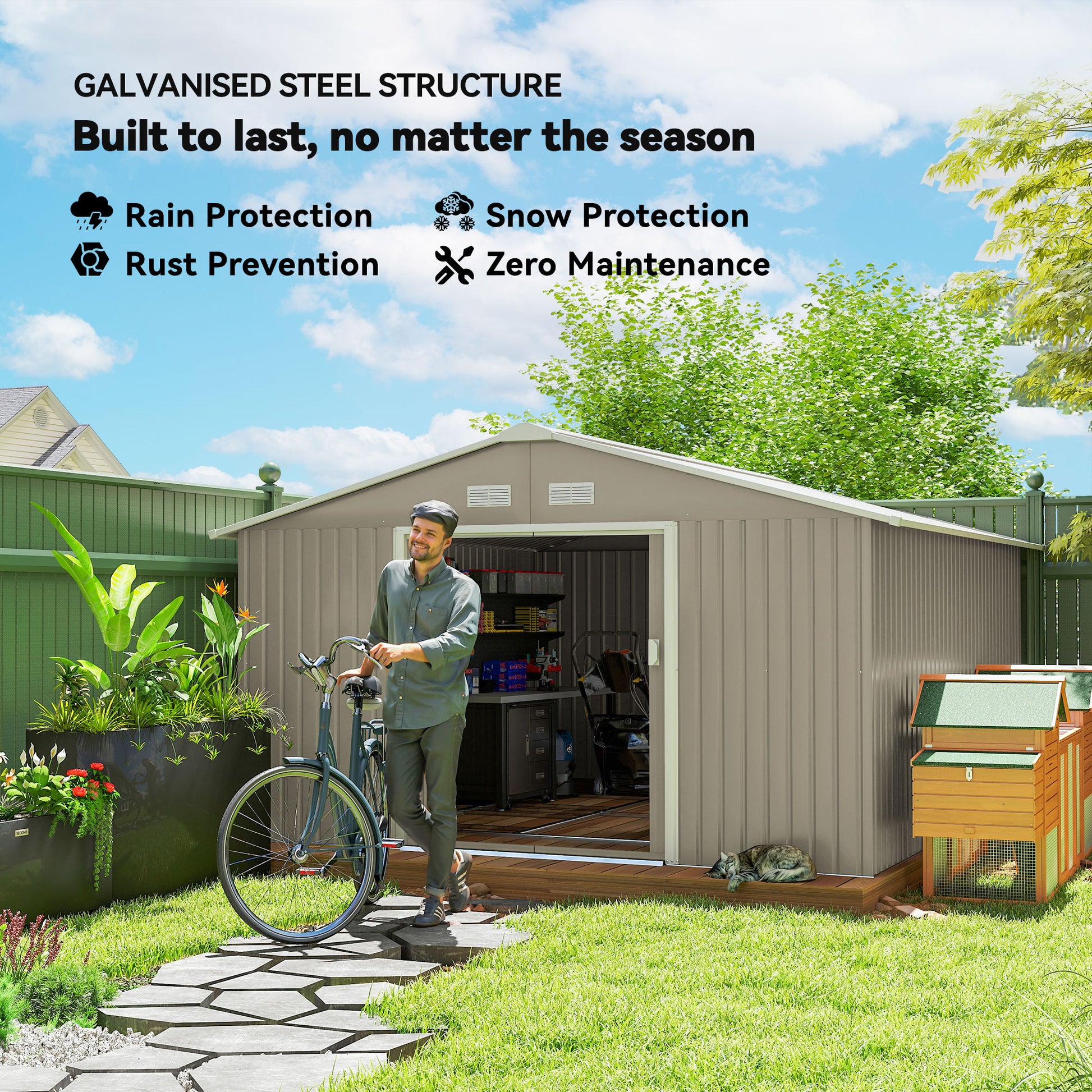 11.20 ft x 12.70 ft Metal Storage Shed with Foundation Kit, Light Gray